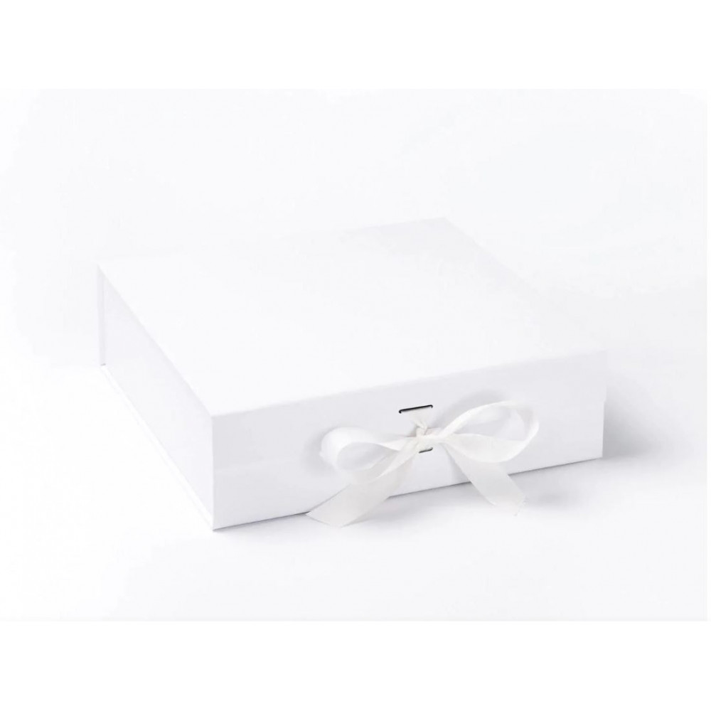 Pudełko ozdobne z logo białe XL 30cm x 30cm x 9cm z wstążką