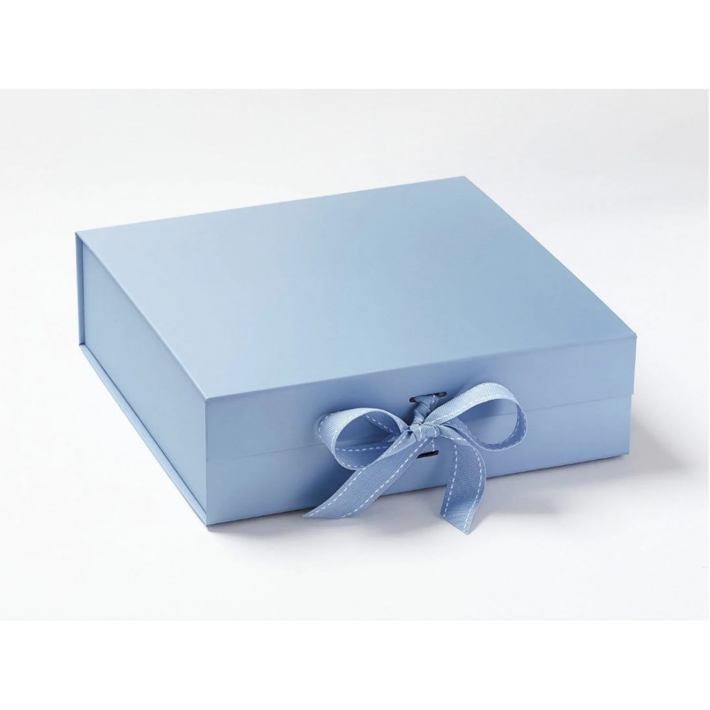 Pudełko ozdobne z logo niebieskie XL 30cm x 30cm x 9cm z wstążką